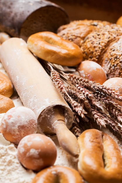 Delicious bread, bagels and eggs on the table