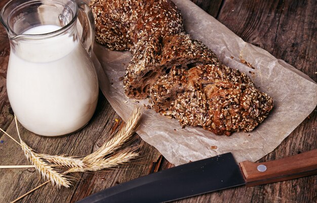 Delicious bread with milk jar