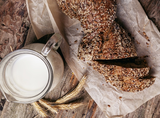 Delicious bread with milk jar