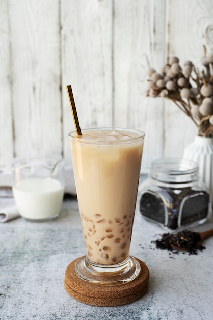 Delicious bubble tea cup with straw