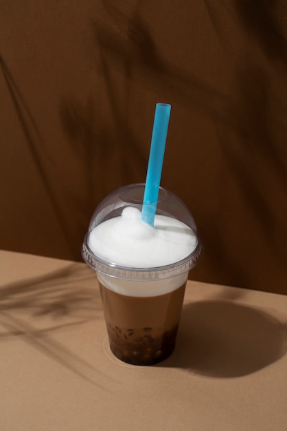 Delicious bubble tea cup with straw