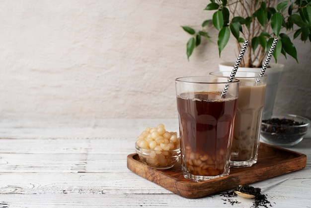 Delicious bubble tea drink with milk