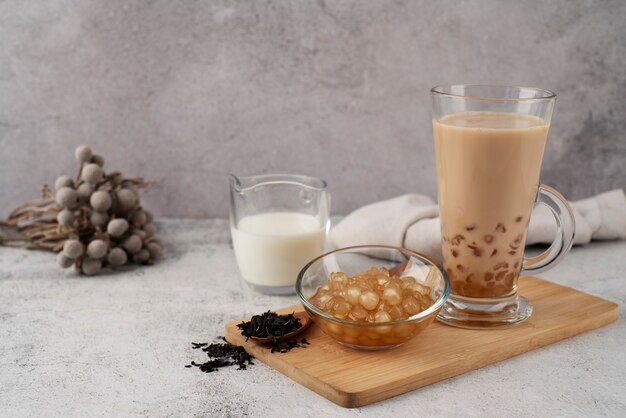 Delicious bubble tea ingredients still life