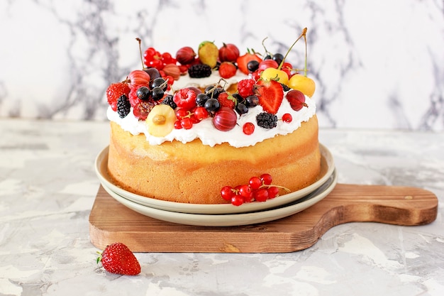 Delicious bundt cake with berries close-up