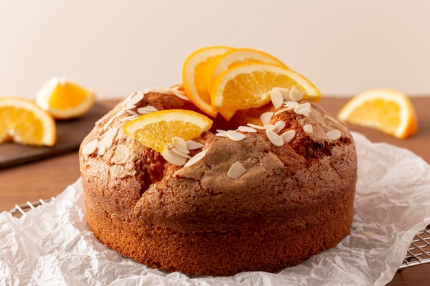 Delicious bundt cake with oranges arrangement