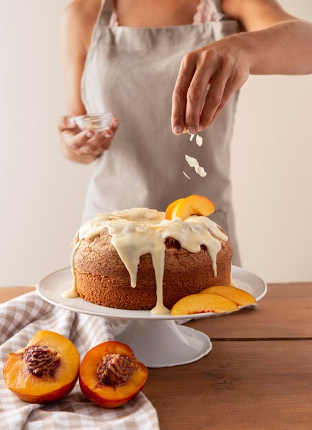 Delicious bundt cake with oranges arrangement