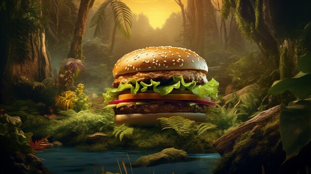 自然の中でいただくおいしいハンバーガー