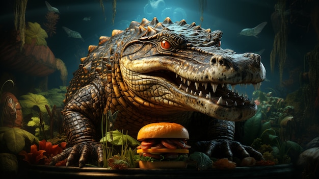 Delicious burger with crocodile