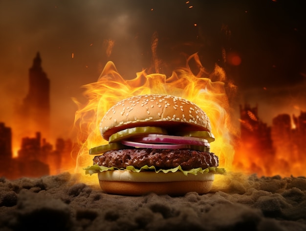 Free photo delicious burger with fire