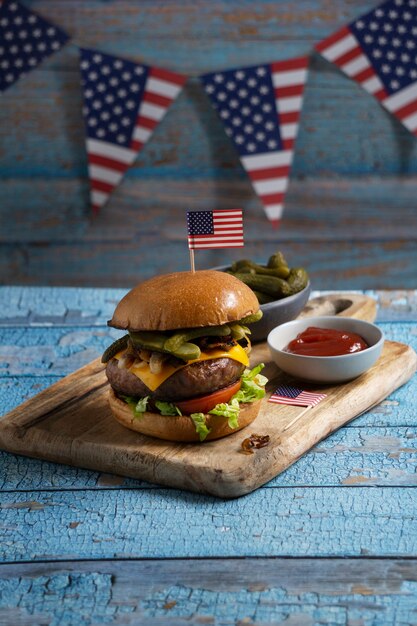 Delicious burger with usa flag