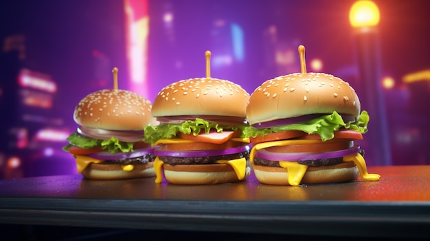 Delicious burgers with bright lights