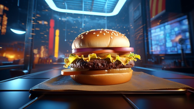 Бесплатное фото Вкусные гамбургеры с яркими огнями
