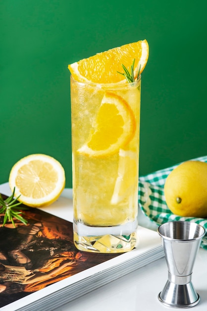 Delicious caipirinha cocktail with lemon slices
