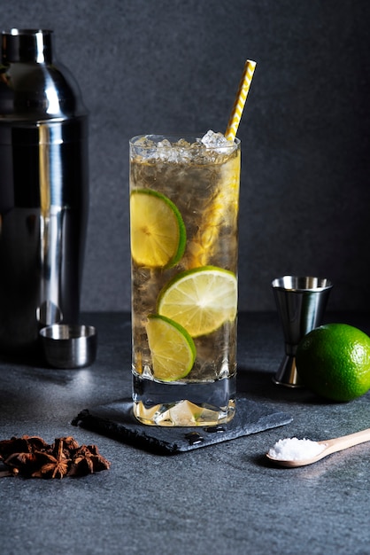 Delicious caipirinha drink with lime slices