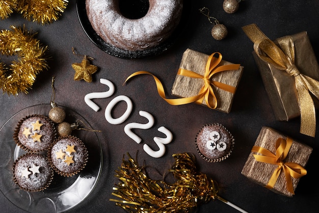 Free photo delicious cake for new year flat lay