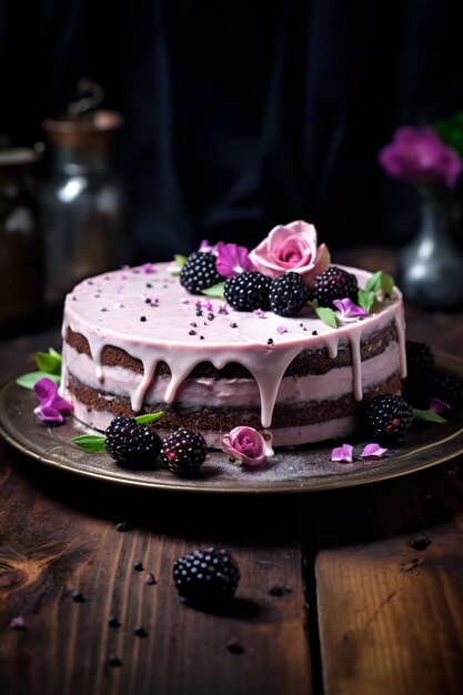 Delicious cake with blackberries