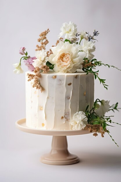 Delicious cake with flowers on stand