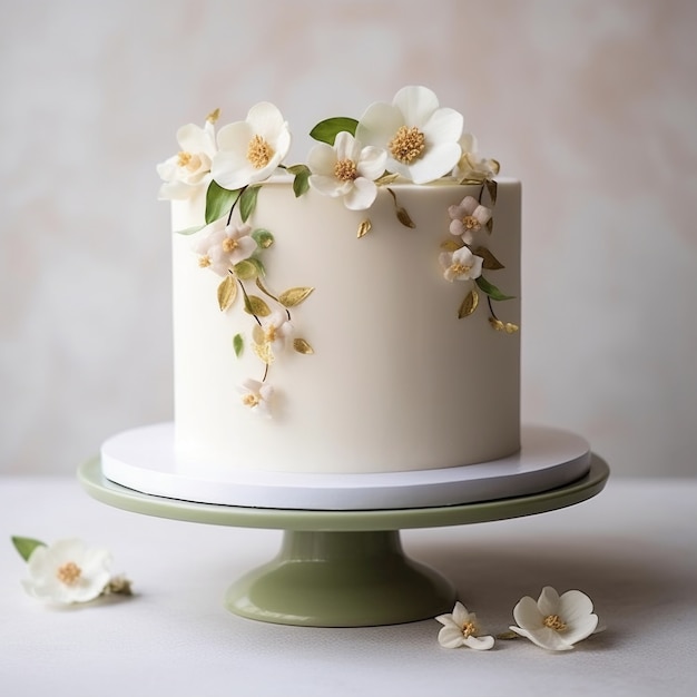 Delicious cake with flowers on stand