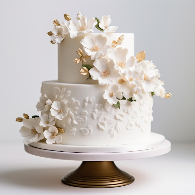 Delicious cake with flowers on stand