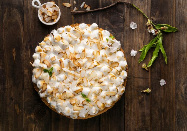 Delicious cake on wooden table top view