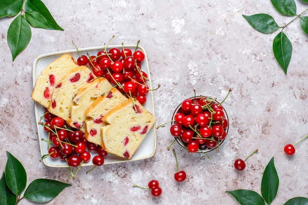 Delicious cherry cake with fresh cherries,top view