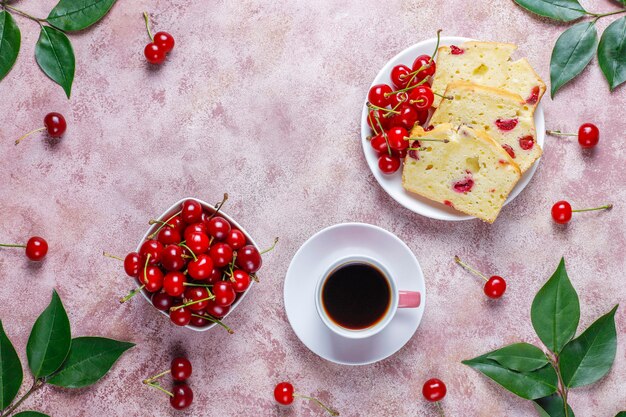 Delicious cherry cake with fresh cherries,top view