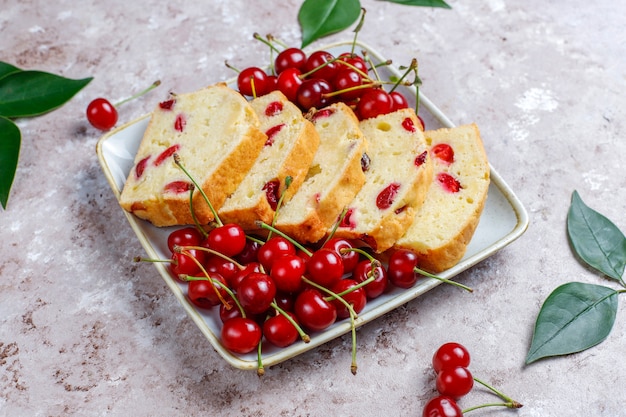 Delicious cherry cake with fresh cherries,top view
