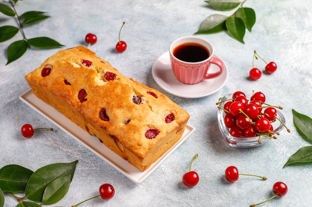 Delicious cherry cake with fresh cherries,top view