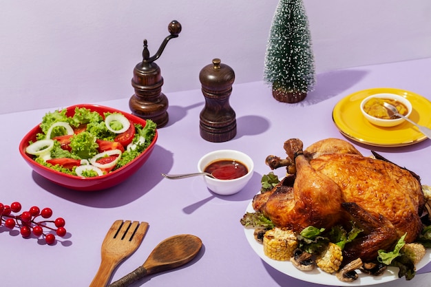 Free photo delicious chicken and salad assortment high angle