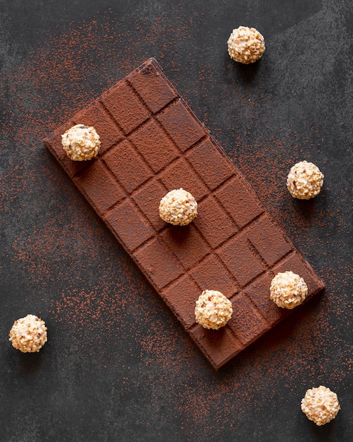 Delicious chocolate arrangement on dark background