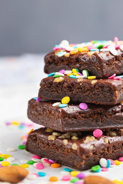 Delicious chocolate brownies with colorful sprinkles