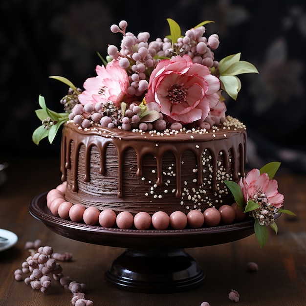 Вкусный шоколадный торт с цветами.