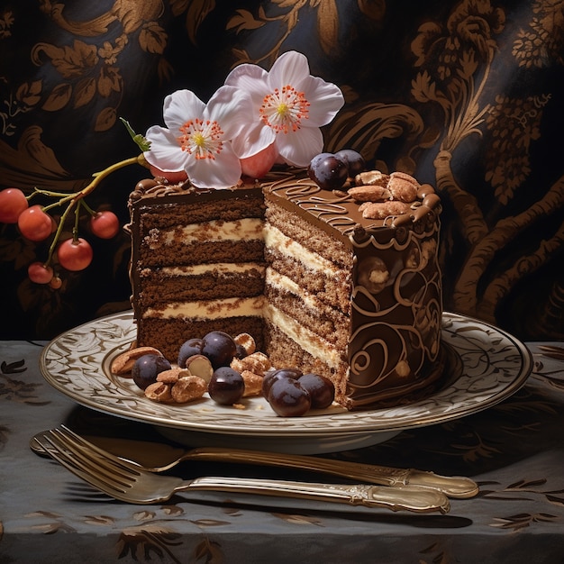 Foto gratuita deliziosa torta di cioccolato con fiori