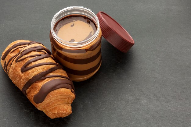 Delicious chocolate croissant and spread