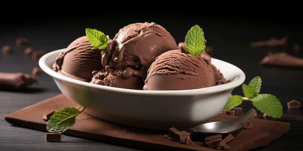 Вкусное шоколадное мороженое в миске