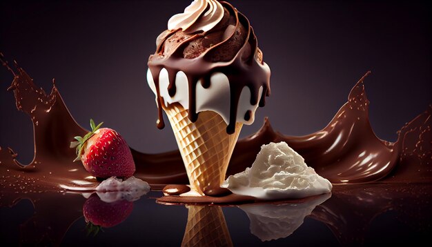Вкусный шоколадный рожок мороженого с клубничной начинкой генеративный AI