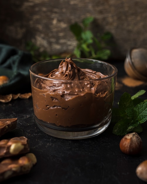 Delicious chocolate mousse with close-up