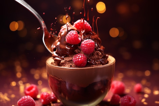 Foto gratuita deliziosa mousse al cioccolato con lampone in cima