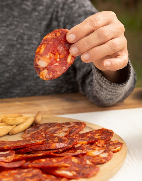 Delicious chorizo sliced on a plate composition