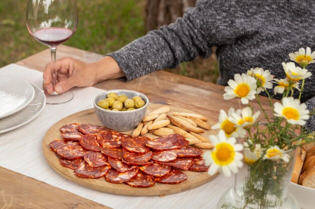 Delicious chorizo sliced on a plate composition