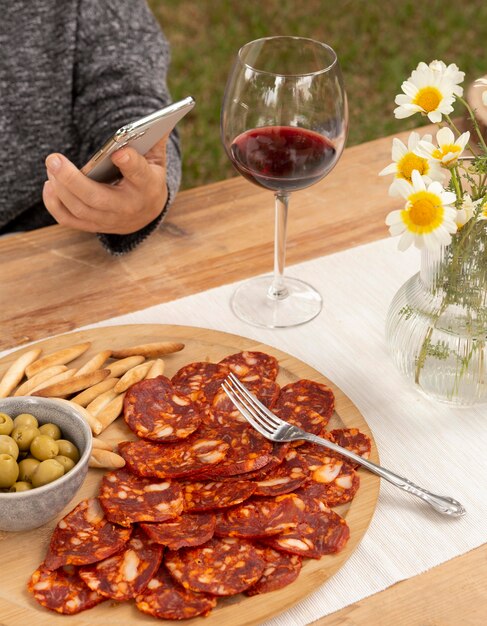 Delicious chorizo sliced on a plate composition