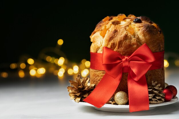 Delicious christmas panettone with ribbon