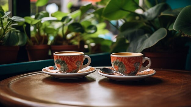 식물과 맛있는 커피 컵