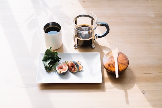 Delicious coffee and fruit in arrangement