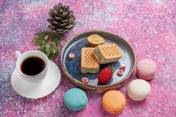 Free Photo delicious cookie sandwiches with macarons and coffee cup