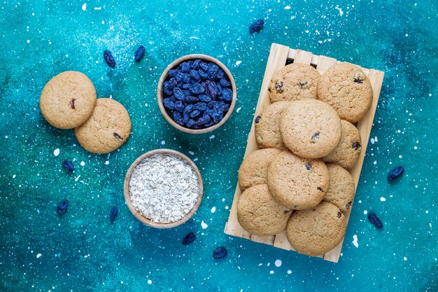 Delicious cookies with raisin and oatmeal,top view