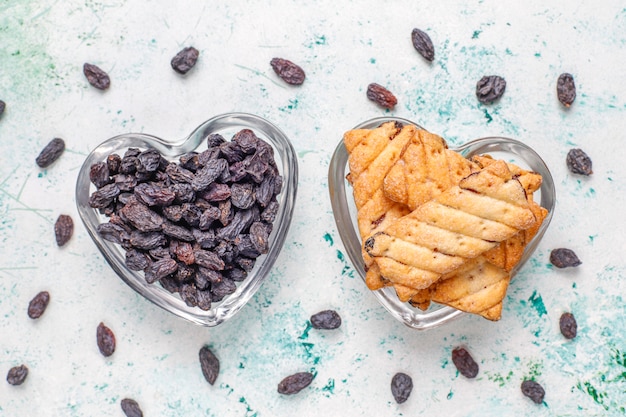 Delicious cookies with raisin,top view