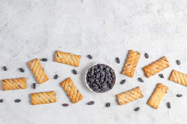 Delicious cookies with raisin,top view