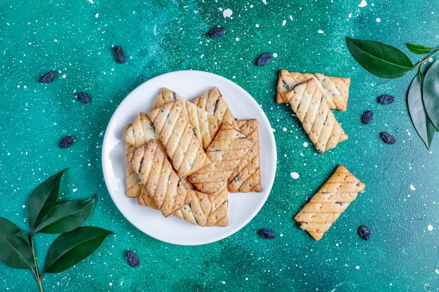 Delicious cookies with raisin,top view