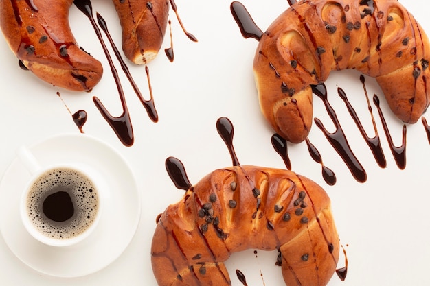 Delicious croissants with chocolate sauce